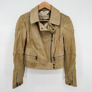 Burberry Leather Jacket Sz 6 Brown Moto Biker Brit Womens Lambskin Biker Cropped
